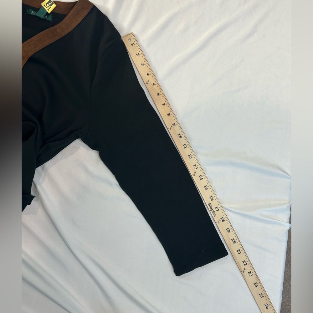 Ralph Lauren Black Long Sleeve Top w/ Brown Trim- XL- Cotton - Picture 8 of 11